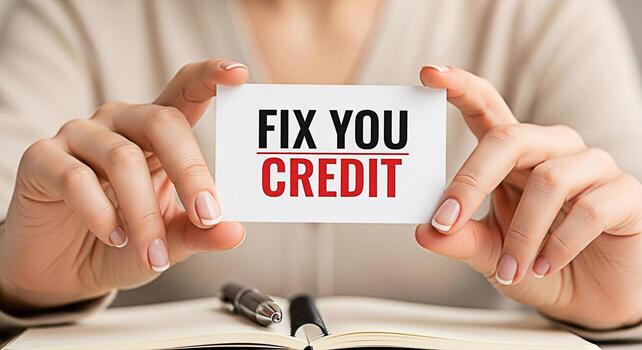 Womans hands holding a card with the text Fix You Credit over a notebook with a pen representing financial recovery and the concept of improving credit score for a better financial future photo