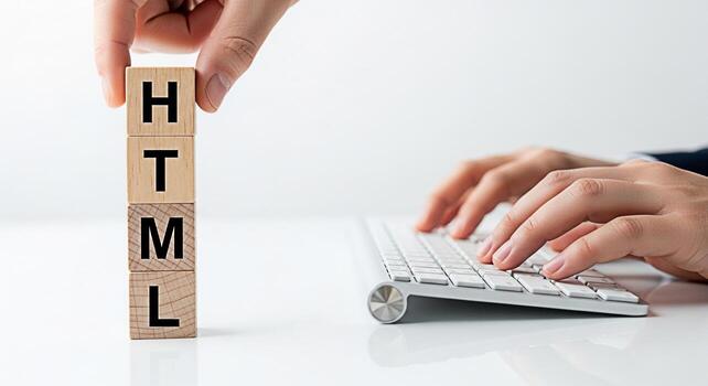 Developer building HTML code on a white desk stacking wooden blocks spelling HTML symbolizing web development and programming skills in a clean modern workspace representing innovation and technology photo