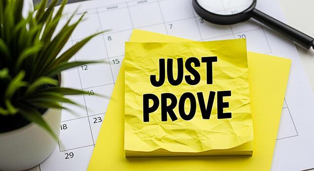 Closeup of a yellow sticky note with the words Just Prove on a calendar in a bright office setting symbolizing motivation determination and the need to demonstrate competence and achieve goals photo