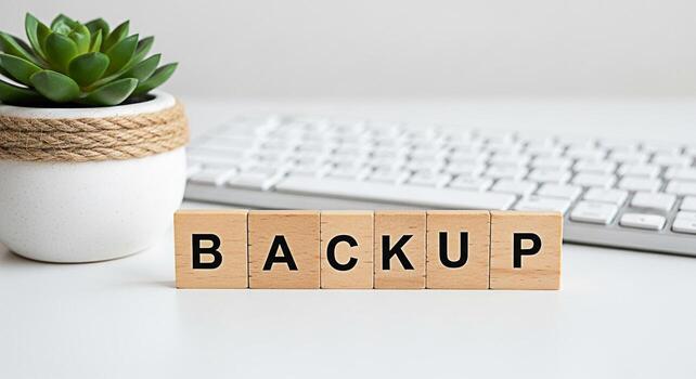 Wooden blocks spelling BACKUP on a clean white desk next to a potted succulent and a computer keyboard representing data protection and the importance of secure file storage in a modern workspace photo