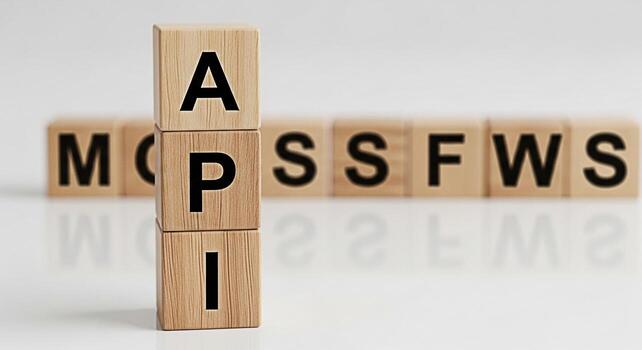 Wooden blocks displaying API and MCSS FWS on a white surface representing application programming interface concepts and software development conveying a clean and modern technologydriven mood photo