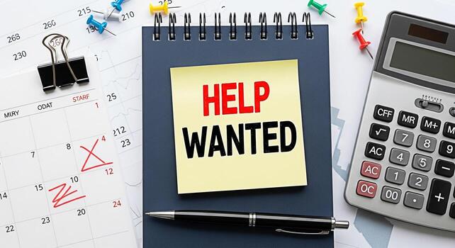 Closeup of a desk with a notepad displaying Help Wanted message surrounded by a calendar calculator and pen symbolizing recruitment job search and the urgent need for new employees in a business setti photo