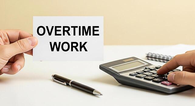 Closeup of a hand holding a card with the words Overtime Work while another hand uses a calculator on a white desk symbolizing the concept of extra hours and financial calculations photo