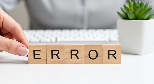 Womans hand arranging wooden blocks spelling ERROR on a white desk in a bright office setting symbolizing a problem mistake or failure in business or technology creating a sense of urgency and concern photo