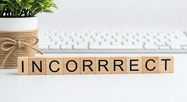 Wooden blocks spelling INCORRECT on a white desk in a bright office setting highlighting the concept of errors mistakes and the importance of accuracy in business and communication photo