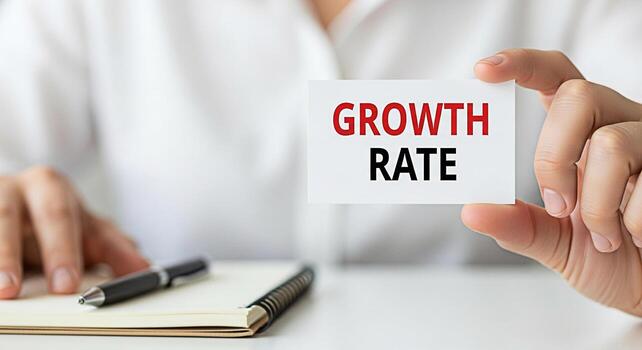 Closeup of a hand holding a card with Growth Rate text in a bright office setting symbolizing business development and financial success with a notebook and pen on the desk representing planning and a photo
