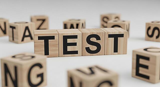 Wooden blocks spelling TEST on a clean white surface surrounded by other lettered blocks representing assessment evaluation and the importance of testing in education and business conveying a sense of photo
