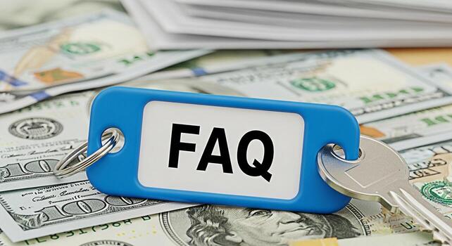 Blue FAQ keychain resting on a pile of one hundred dollar bills and documents representing financial questions investment advice and the importance of understanding financial information for success a photo