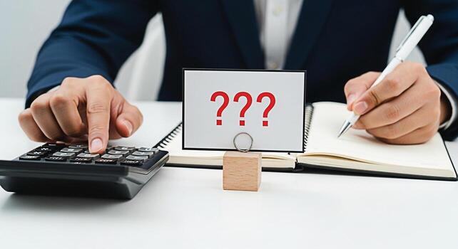 Confused businessman calculating expenses and taking notes at his desk facing uncertainty and financial doubts questioning the future and seeking answers in a challenging economic environment photo
