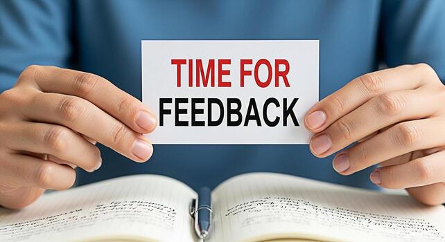 Closeup of hands holding a card that reads Time for Feedback over an open notebook suggesting a moment of reflection and evaluation in a learning or professional environment fostering a culture of gro photo