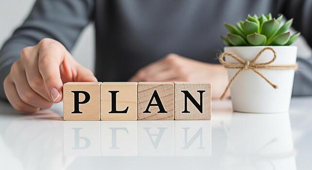 Person arranging wooden blocks spelling PLAN on a white table next to a potted succulent symbolizing strategy preparation and a proactive approach to achieving goals in a clean modern environment photo
