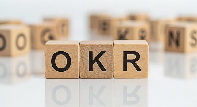 Wooden blocks spelling out OKR on a reflective white surface representing objectives and key results in a corporate setting symbolizing goal setting strategic planning and business performance managem photo