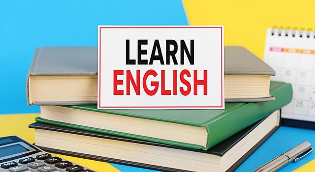 académico libros apilado pulcramente en un vistoso escritorio con un firmar ese lee aprender Inglés creando un educativo y motivacional atmósfera para idioma aprendizaje y académico éxito en un vibrante estudiar foto