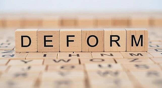 Wooden blocks spelling DEFORM arranged on a textured surface creating a visual representation of distortion and change evoking a sense of transformation and the potential for new shapes and forms photo