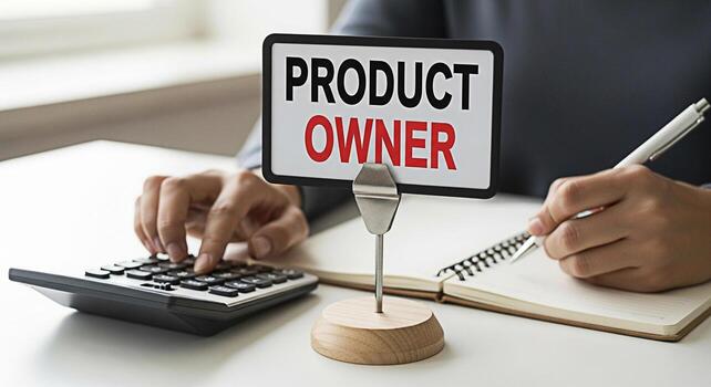 Focused product owner calculating project costs at a bright office desk using a calculator and taking notes in a notebook conveying a sense of financial responsibility and meticulous planning photo