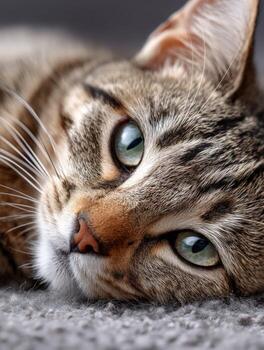 A close up of a cat laying on a carpet photo