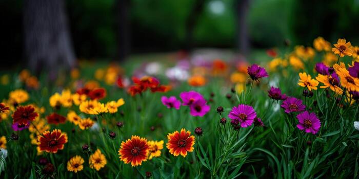 Colorful flowers in a field with trees in the background photo