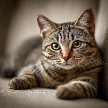 curioso atigrado gato relajante en un sofá a hogar foto