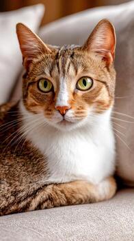 Beautiful tabby cat relaxing on a soft sofa in warm light photo