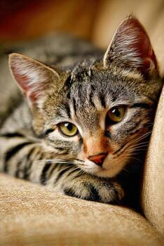 atigrado gato descansando cómodamente en un suave sofá a hogar foto