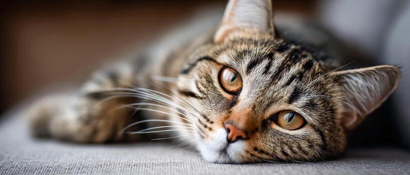 acogedor gato descansando pacíficamente en un suave superficie adentro foto