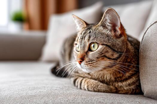 gato descansando cómodamente en un sofá en un acogedor vivo habitación ajuste foto