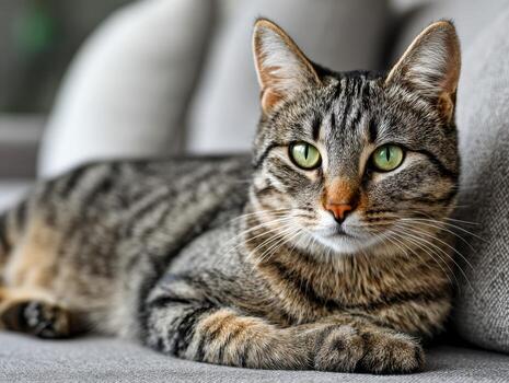 linda atigrado gato relajante en un suave sofá foto