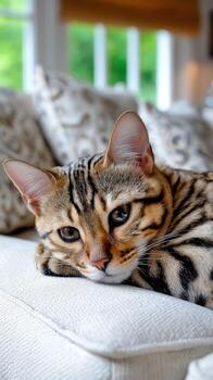Relaxing cat enjoys cozy afternoon on the couch in a sunny room photo