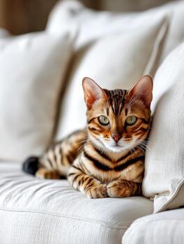 sano gato relajante en un cómodo sofá en un acogedor hogar foto