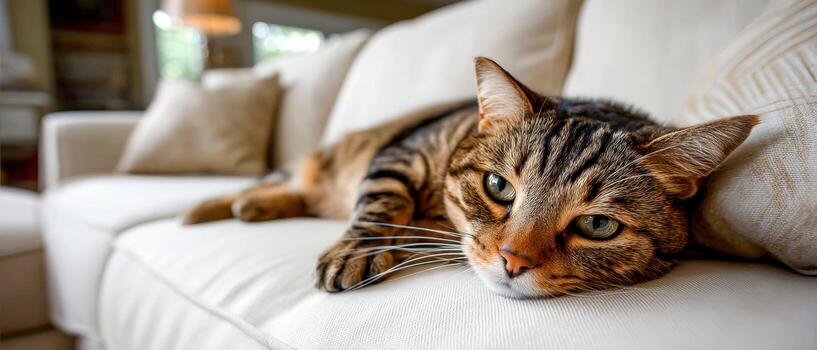 relajante gato disfruta un soleado tarde en el sofá foto