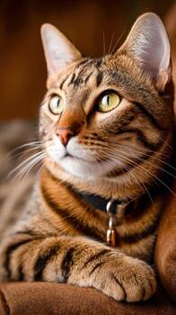 Beautiful tabby cat resting comfortably in warm indoor setting photo