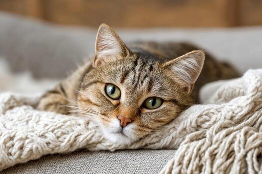 curioso gato descansando en un acogedor cobija en brillante interior ajuste foto