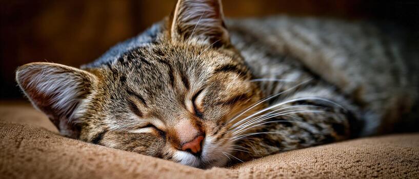 Cat sleeping peacefully on a cozy surface in soft lighting photo