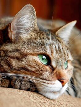 Curious tabby cat relaxing on a soft surface in warm lighting photo