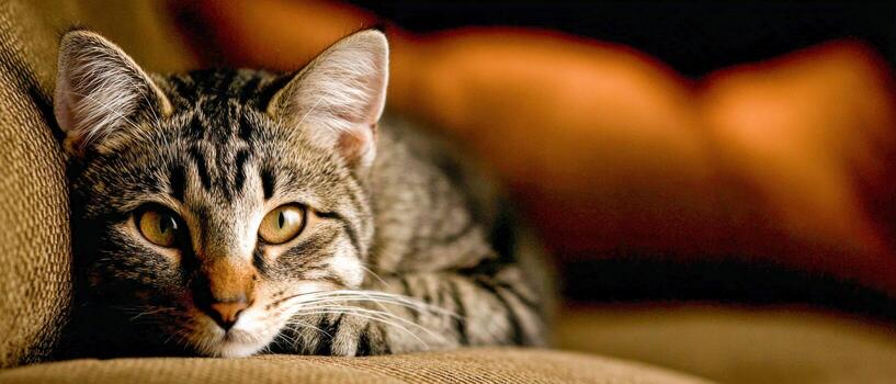 gato descansando en un acogedor sofá con suave Encendiendo en el antecedentes foto