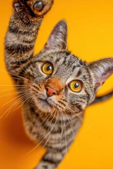 curioso atigrado gato alcanzando fuera en contra un brillante amarillo antecedentes foto