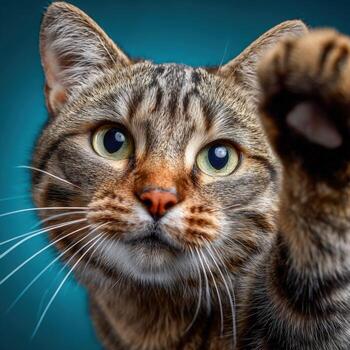 Cat reaching out with a paw on a vibrant blue background photo