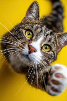 Curious tabby cat reaches out against bright yellow background photo