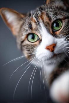 de cerca ver de un curioso gato con sorprendentes verde ojos a hogar foto