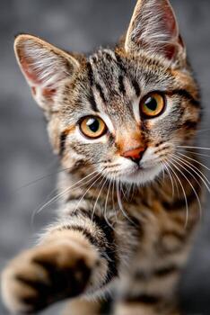 Curious striped cat reaching out for attention in a playful moment photo