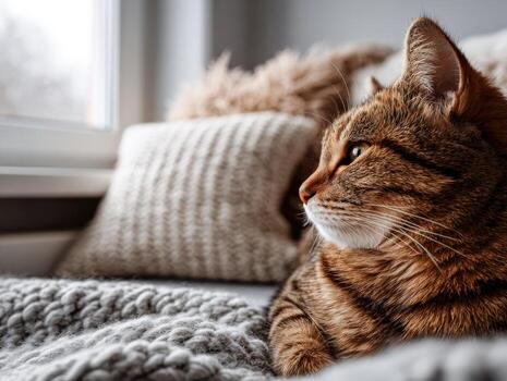 gato relajante por el ventana en un acogedor hogar ajuste foto