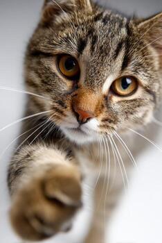 curioso atigrado gato alcanzando fuera con pata en suave Encendiendo foto