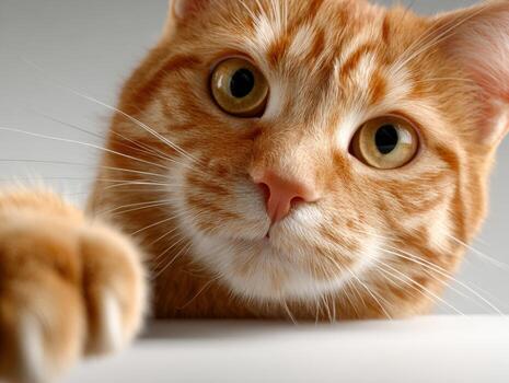 curioso naranja gato mira directamente a el cámara con grande ojos foto