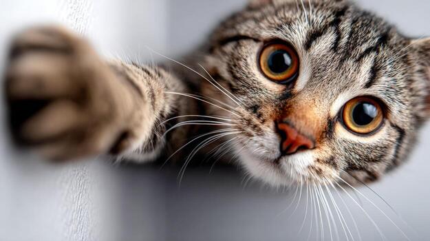 Curious cat reaches out with paw in close-up at home photo