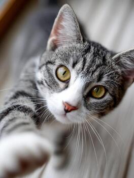 Curious gray and white cat reaching out with paw indoors photo