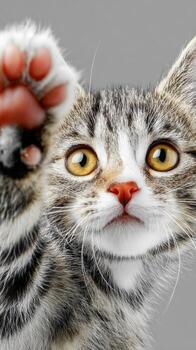 Curious kitten reaches out with its paw towards the viewer photo