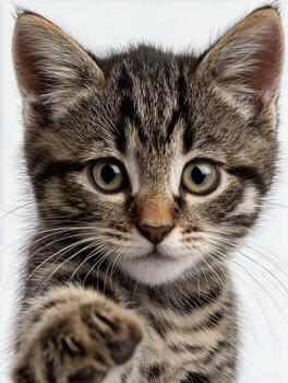 Playful tabby kitten reaching out with paw for attention photo