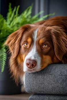 Adorable dog relaxing on a plush armchair in a cozy home setting photo