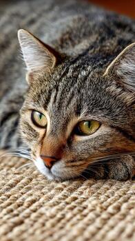 Relaxing tabby cat on cozy surface in warm indoor setting photo