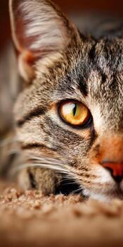 Tabby cat peacefully resting on the floor in warm light photo